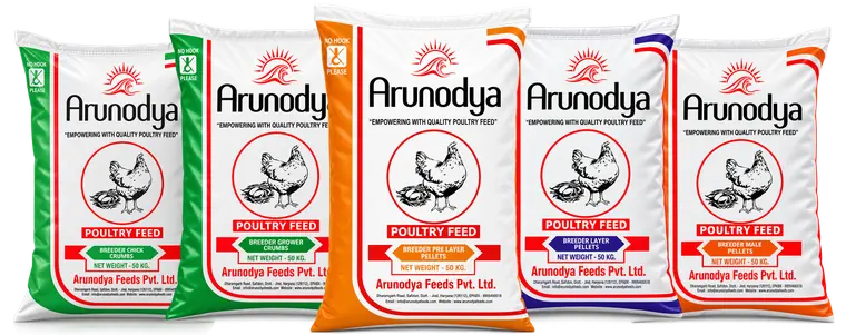 Arunodya Breeder Chick Crumbs, Breeder Grower Crumbs, Breeder Pre Layer Pellets, Breeder Layer Pellets and Breeder Male Pellets feed bags