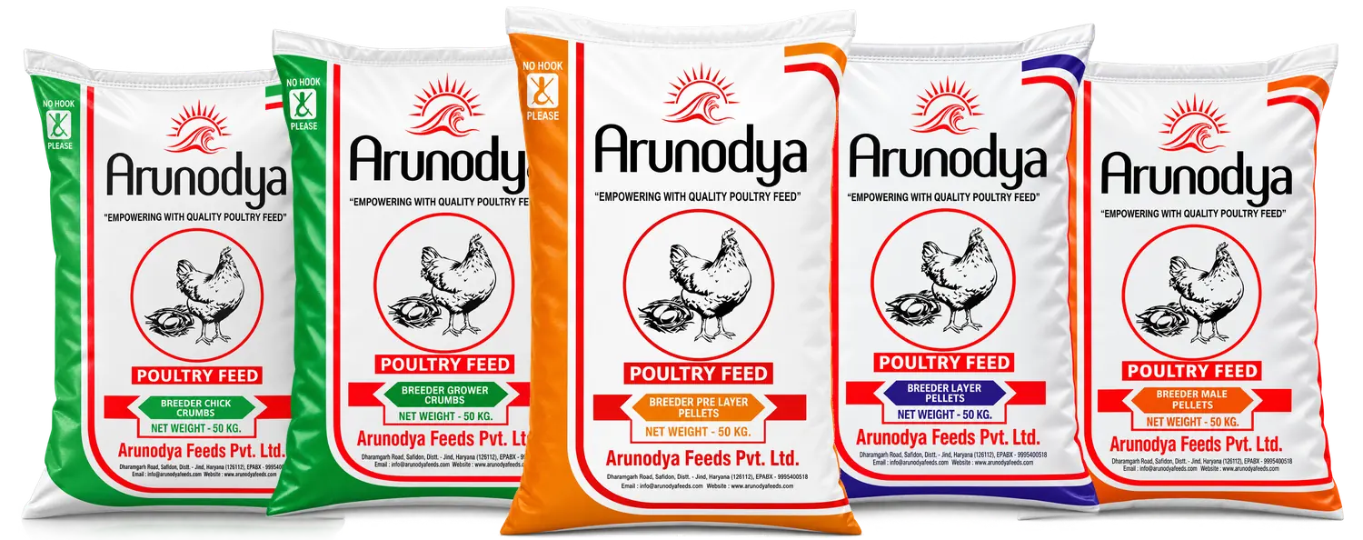 Arunodya Breeder Chick Crumbs, Breeder Grower Crumbs, Breeder Pre Layer Pellets, Breeder Layer Pellets and Breeder Male Pellets feed bags
