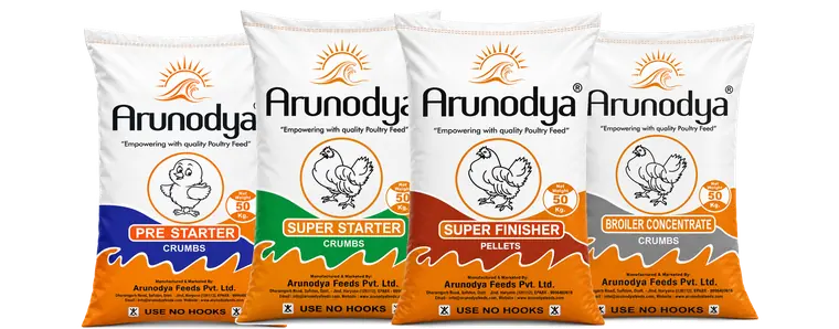 Arunodya Pre Starter, Super Starter, Super Finisher and Broiler Concentrate poultry feed bags