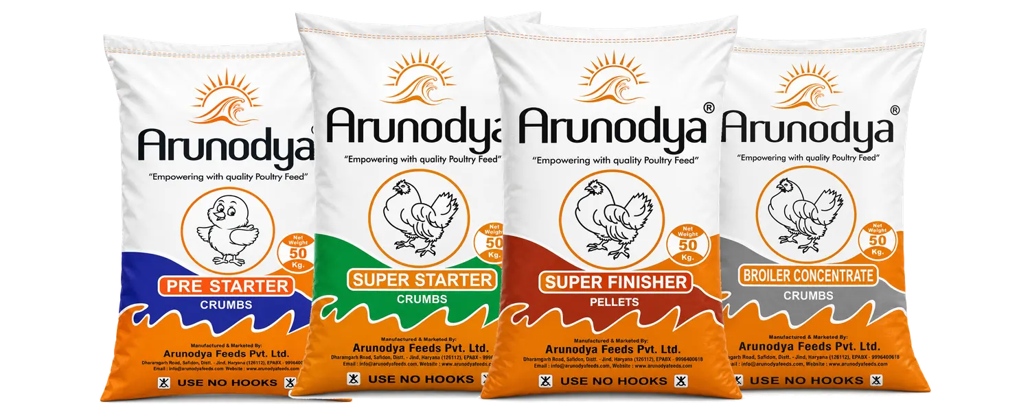 Arunodya Pre Starter Crumbs, Super Starter Crumbs, Super Finisher Pellets and Broiler Concentrate Crumbs poultry feed bags