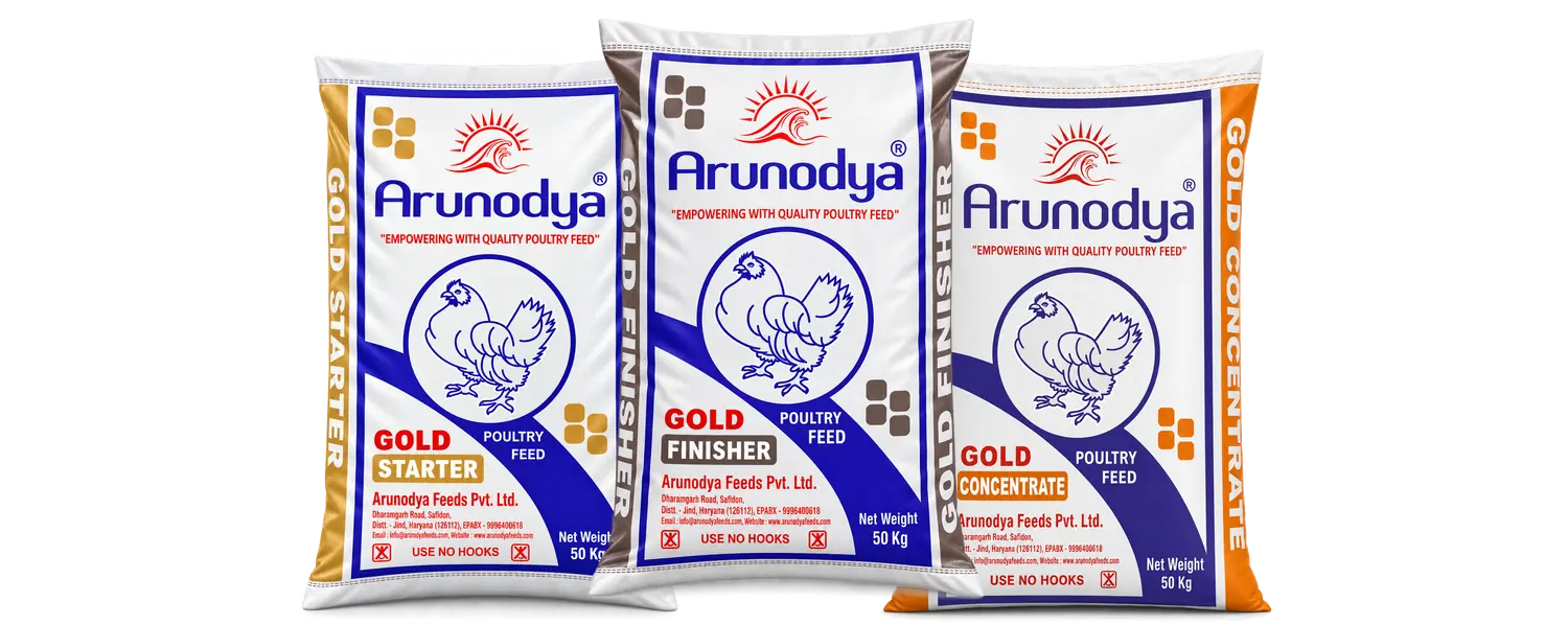 Arunodya Gold Starter, Gold Finisher and Gold Concentrate poultry feed bags