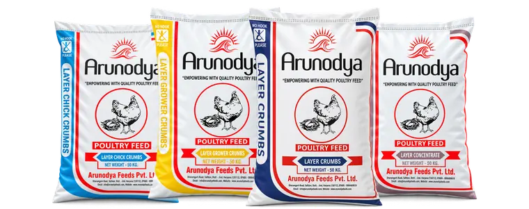 Arunodya Layer Chick Crumbs, Layer Grower Crumbs, Layer Crumbs and Layer Concentrate feed bags