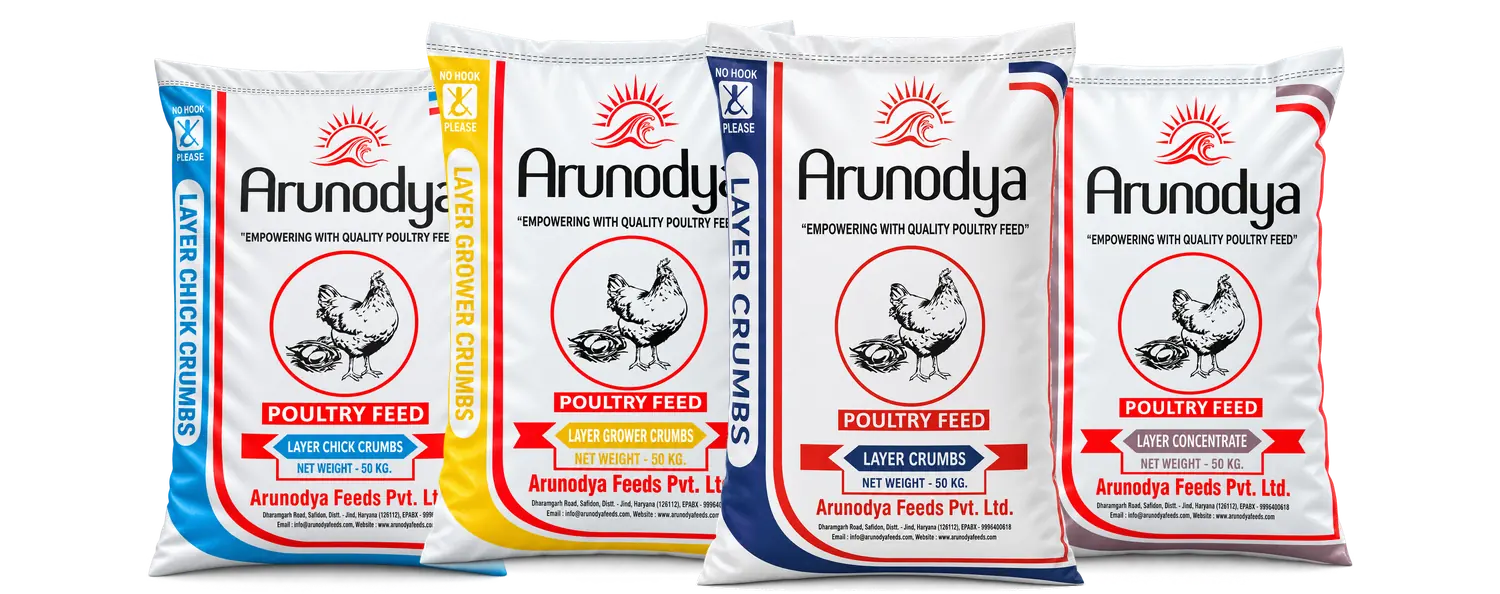 Arunodya Layer Chick Crumbs, Layer Grower Crumbs, Layer Crumbs and Layer Concentrate feed bags