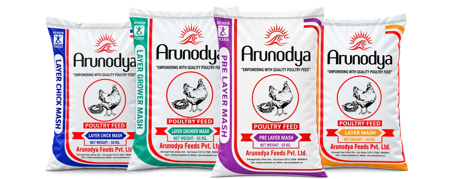 Arunodya Layer Chick Mash, Layer Grower Mash, Pre Layer Mash and Layer Mash feed bags
